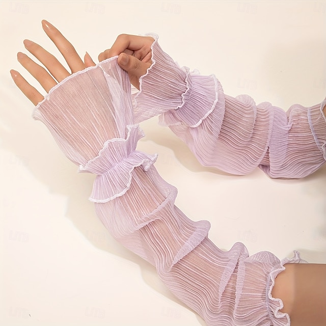  1 par de mangas elegantes de renda com babados - respiráveis, proteção UV, ajuste solto, decorativas, mangas com protetor solar para mulheres - perfeitas para atividades ao ar livre