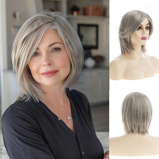 ショートウェーブボブウィッグ ベージュグレー 合成コスプレ用交換ヘアウィッグ 女性用