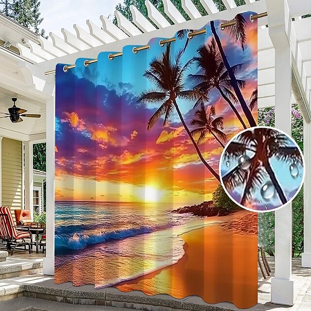  Waterproof Outdoor Curtain Privacy, Sliding Patio Curtain Drapes, Pergola Curtains Grommet 3D Ocean Beach Landscape For Gazebo, Balcony, Porch, Party, 1 Panel