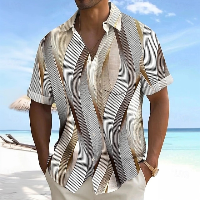  Voor heren Geometrisch Gestreept Golven Overhemd Zomer overhemd Overhemd met knopen Korte mouw Mode-casual Buiten Vakantie Dagelijks gebruik Zomer Lente Strijkijzer 3D-afdrukken shirts met kraag