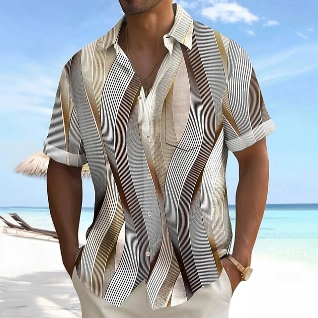 Men's Geometric Striped Waves Shirt Summer Shirt Button Up Shirt Short Sleeve Fashion Casual Outdoor Vacation Dailywear Summer Spring Turndown 3D Print Collared Shirts Front One Pocket Khaki4