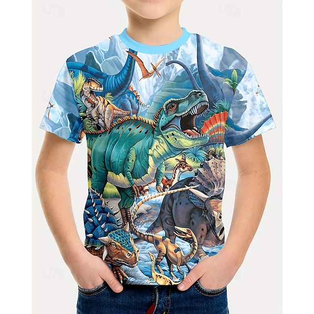  Jongens 3D Dinosaurus T-shirt Korte mouw Zomer Lente Modieus Basic Kinderen 4-12 jaar Strakke ronde hals Buiten Casual Dagelijks Normale pasvorm