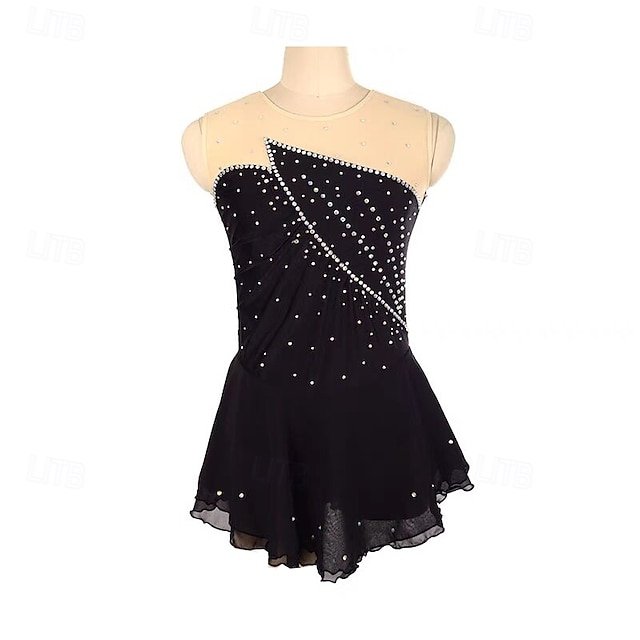  Vestidos para Patinação Artística Mulheres Para Meninas Patinação no Gelo Vestidos Preto Patchwork Thumbhole Com Transparência Elastano Com Stretch Treino Ensaio / Prática Profissional Roupa para