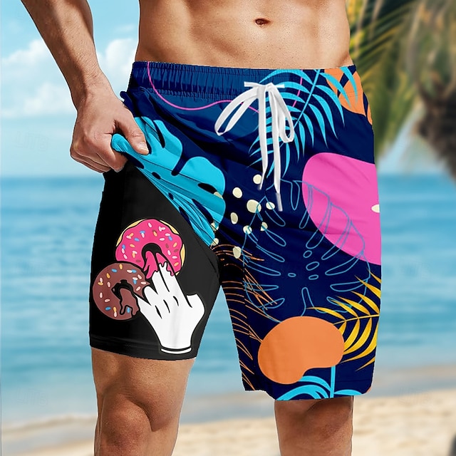  Men's Coconut Tree Funny Donuts Lined Shorts 2 in 1 Board Shorts Swim Shorts Mid Waist Hawaiian Vacation Holiday Beach Wear Side Pockets Mesh Lining With Compression Liner Designer Clothing Apparel