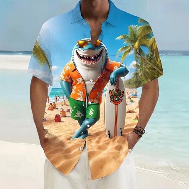 Men's Shark Coconut Tree Funny Shirt Summer Hawaiian Shirt Button Up Shirt Short Sleeve Hawaiian Vacation Holiday Beach Wear Summer Spring Turndown 3D Print Collared Shirts Front One Pocket Blue4
