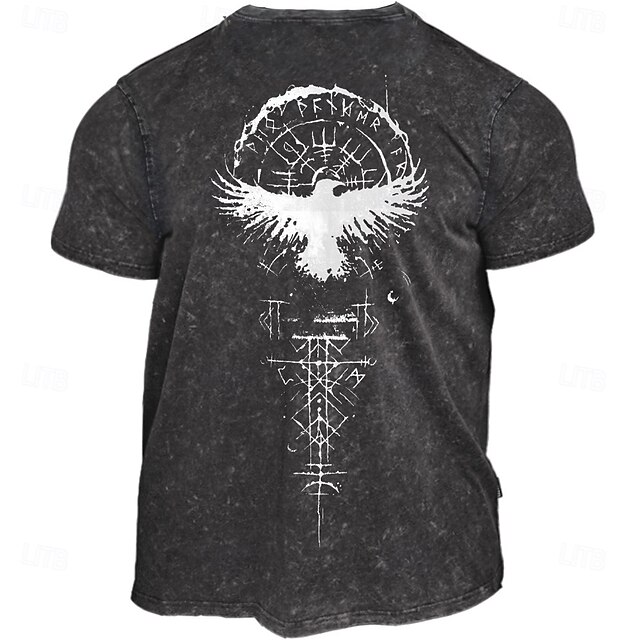 Men's Graphic T-Shirt with Norse Raven & Runic Symbols, Washed Grey Viking Short Sleeve Tee4