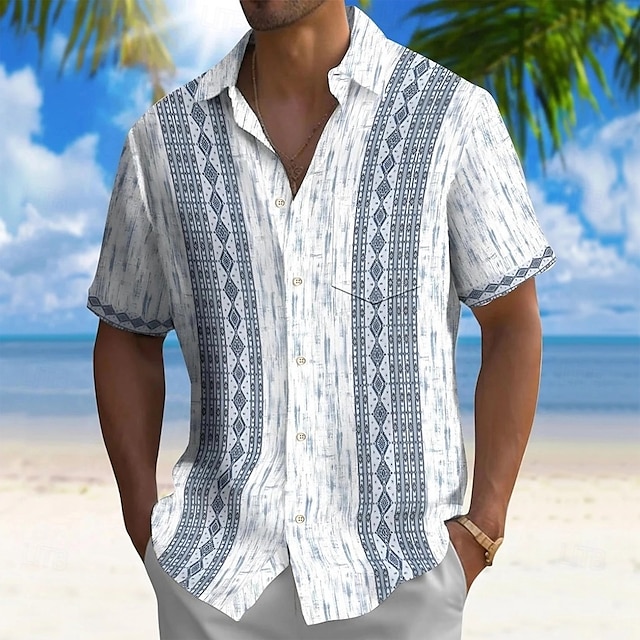  Bărbați Geometric Cămașă Cămașă Guayabera Camașă cu nasturi Manșon scurt Moda Casual Vacanță Concediu Haine de strada Vară Primăvară Răsfrânt Imprimare 3D cămăși cu guler Un buzunar frontal Alb