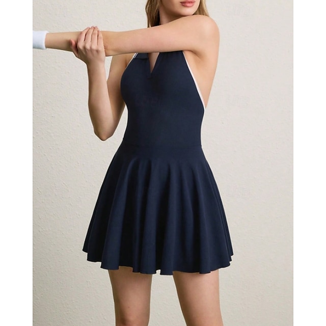  US Open Women's Tennis Dress with Built in Shorts and Bra Sports Dress Sleeveless Pleated Breathable Tennis Golf Pickleball V Neck Patchwork Open Back Dark Navy Tennis Clothing