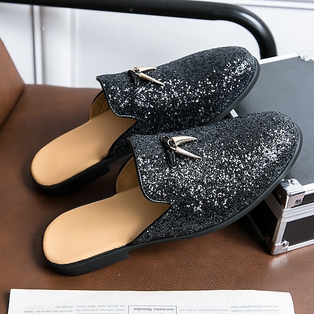  muli da uomo con nappe glitterate argentate – scarpe eleganti senza schienale scintillanti per balli di fine anno e spettacoli serali