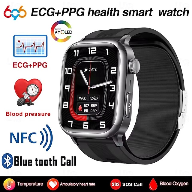  tk66 スマートウォッチ 2.06 インチ スマート·ウォッチ ブルートゥース ECG + PPG 温度監視 歩数計 と互換性があります Android iOS 女性 男性 ステップトラッカー IP 67 49mmウォッチケース