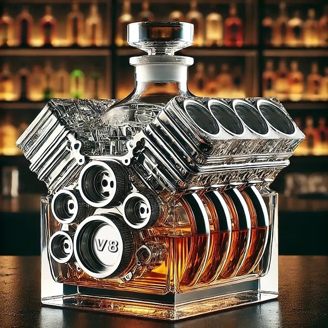  V8 Engines Whisky Bottle, Premium Glass, Best Fathers Day Gift for Men, Unique and Fun Liquor Dispenser, Tabletop Decor