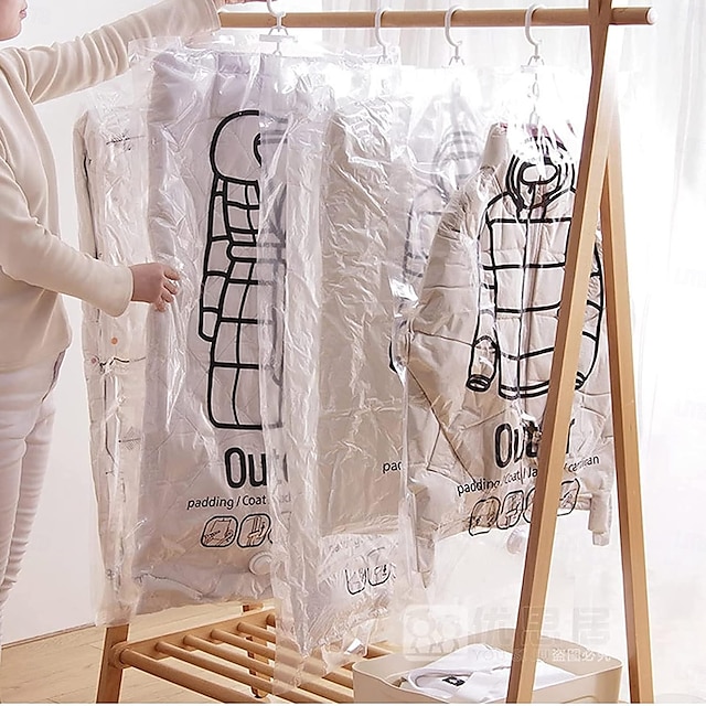  Lot de 5 sacs de rangement sous vide suspendus avec pompe à main, sacs de compression épais pour doudounes, couettes, vêtements, organisateur suspendu peu encombrant, sac de rangement sous vide pour placard