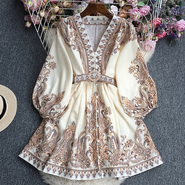  Pentru femei Rochie Mini Rochie casual Rochie de vară Rochie Boho Modă Modern În aer liber Concediu Dată Fit regulat Floare Manșon Lung În V Galben Roz Îmbujorat Albastru piscină Vară Primăvară