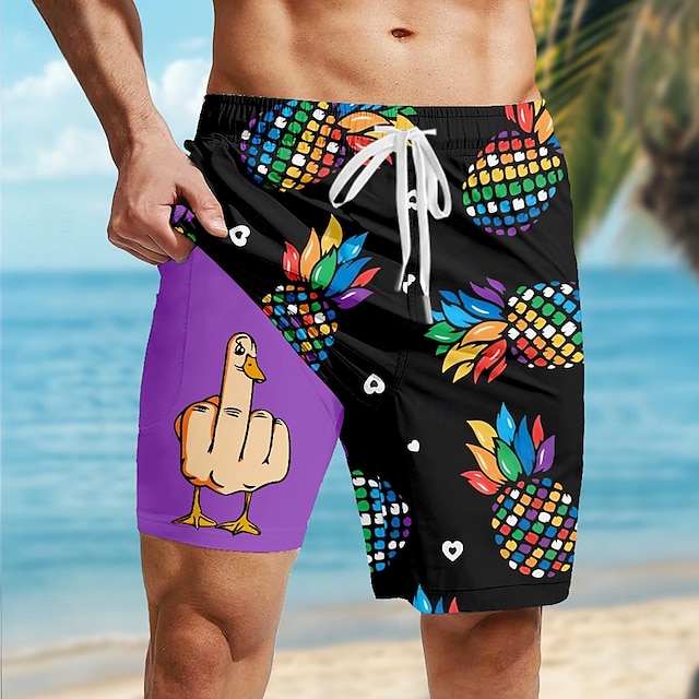  男性用 パイナップル おかしい あひる 裏地付きショートパンツ 2 in 1 スイムショーツ スイムショーツ ミディアムウエスト ハワイアン バケーション 祝日 ビーチウェア サイドポケット コンプレッションライナー付き 伸縮性のあるドローストリングウエスト デザイナー 衣類