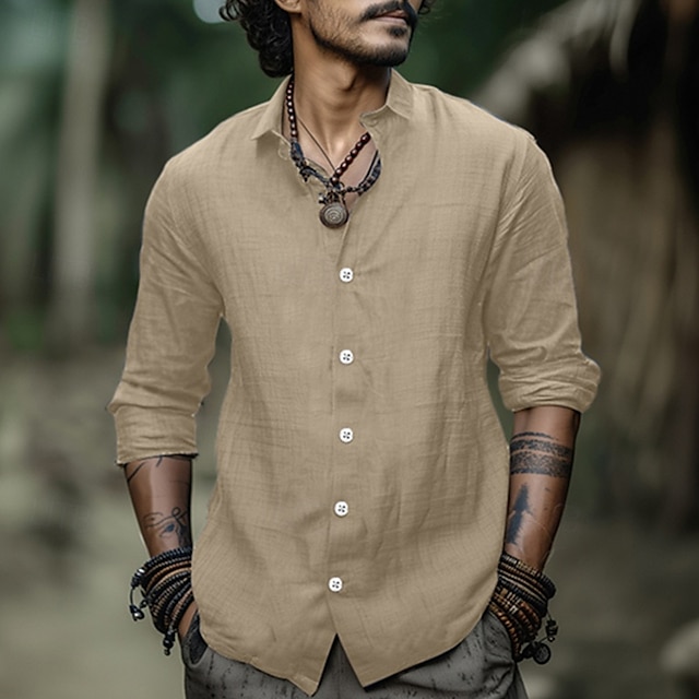  Per uomo Camicia Camicia di lino Camicia Estiva Abbigliamento da spiaggia Camicia casual Camicia con Bottoni Semplice Casuale Quotidiano Nero Bianco Blu Cachi Manica Lunga Collo ripiegato Primavera