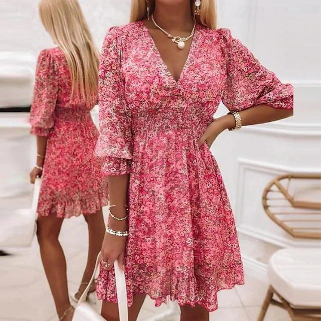 Women's Mini Dress Casual Dress Floral Dress Boho Dress Stylish Classic Modern Vacation Daily Date Regular Fit Floral Print Half Sleeve V Neck Pink Blue Green Summer Spring4