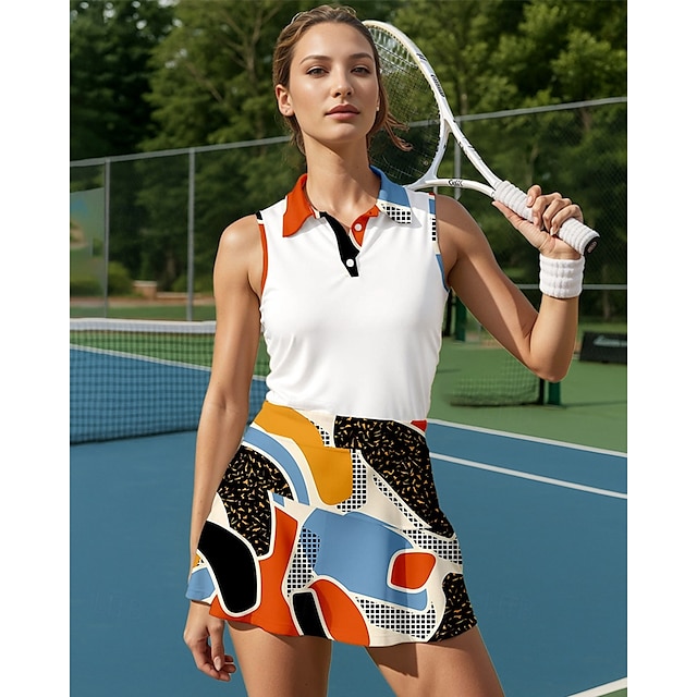  US Open Women's Sports Set Tennis Set Tennis Skirts Tennis Shirt 2 Pieces Sleeveless Patchwork Print Breathable Tennis Golf Badminton Turndown Graphic Skirt Royal Blue Blue Purple Tennis Clothing