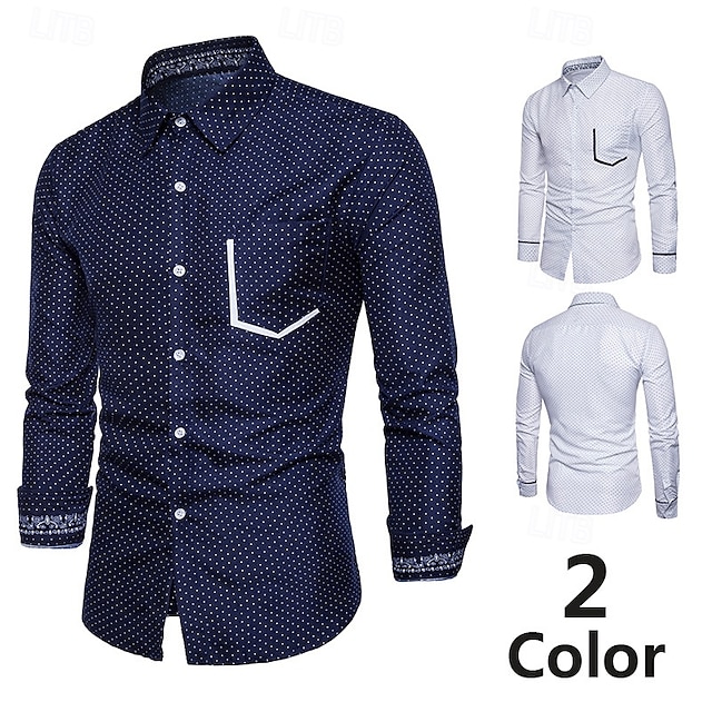  Herren Hemd Sommerhemd Freizeithemd Strandhemd Knopfhemd Weiß Marineblau Langarm Punkte Revers Urlaub Hawaiianisch Button-Down Bekleidung Polyester Mode Lässig Bequem