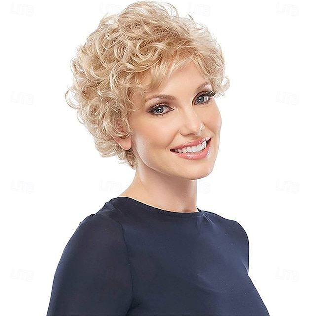  Perruques pour femmes, cheveux bouclés, cheveux courts, perruque dorée, coiffure, cheveux naturels à usage quotidien, convient aux femmes et aux filles d'âge moyen et âgées