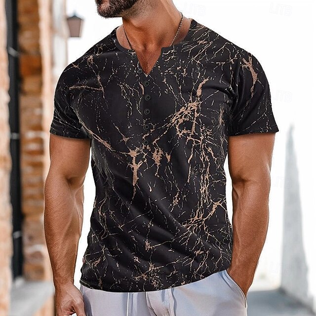 Men's Marble pattern T Shirt Henley Shirt Short Sleeve Sports Fashion Designer Outdoor Street Casual Summer Black Purple Henley Henley T-Shirt4