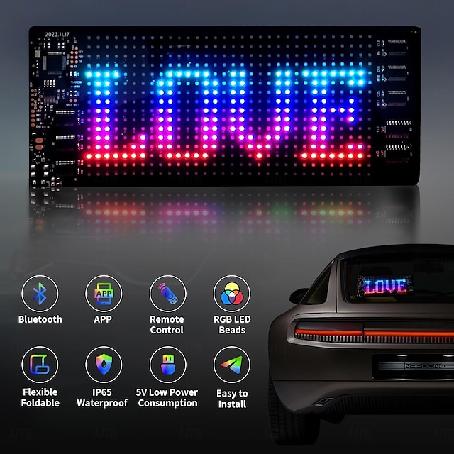  Panneau LED programmable intelligent pour voiture, panneau LED flexible et lumineux à défilement pour voiture, application Bluetooth, animations RVB, texte, graffiti, message publicitaire avec