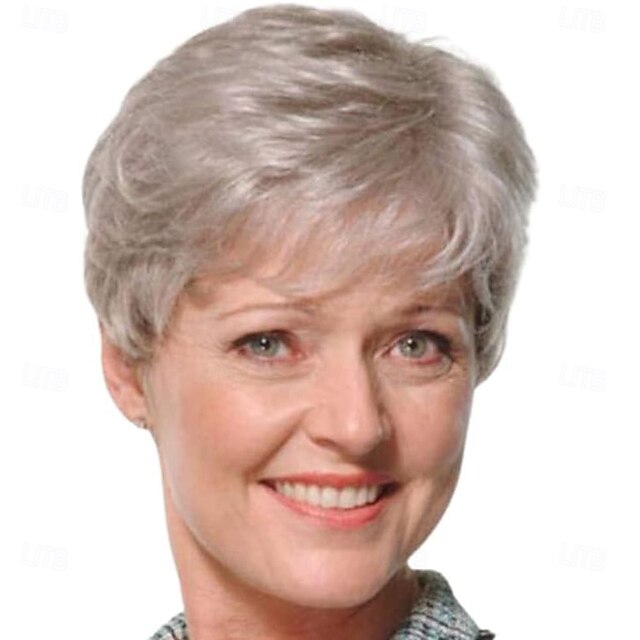 Grey Wigs Slanted Bangs Short Hair Fluffy Black Gradient Silver Pixie Cut Wig Middle-Aged and Elderly Womens Natural Hair Daily Use4