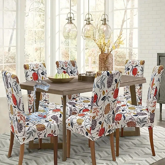 Water Resistant Stretch Spandex Dining Chair Cover 1/4/6 Pcs Set, Floral Pattern Stretch Chair Protector Cover Seat Slipcover with Elastic Band 9
