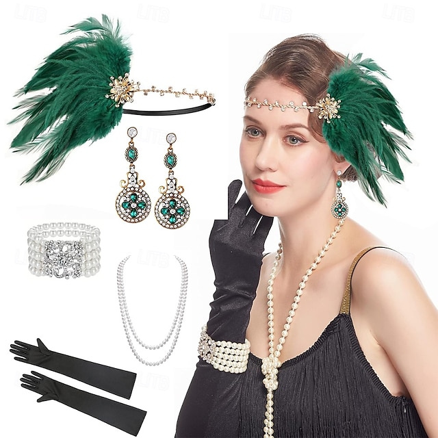  A nagy Gatsby Flapper fejpánt Gyöngyös karkötő Fülbevaló A nagy Gatsby Toll Retro Csillogó glitter Női Farsang Valentin nap Álarcos mulatság Party estélyi viselet Álarcos mulatság Fesztivál Felnőttek