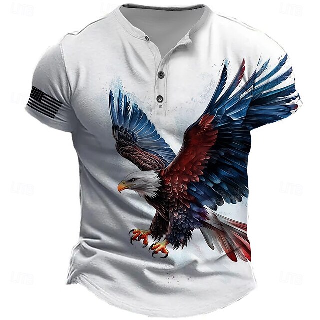 Men's Eagle T Shirt Henley Shirt Short Sleeve Designer Retro Vintage Casual Street Casual Daily Summer Spring White Light Blue Henley Henley T-Shirt4