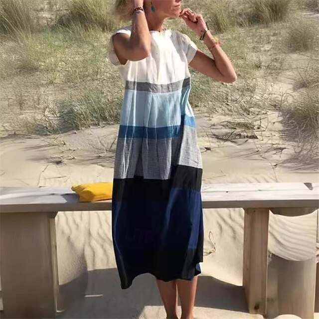 Women's Midi Dress Casual Dress Cotton Linen Dress Summer Dress Fashion Classic Outdoor Holiday Date Regular Fit Color Block Short Sleeve Crew Neck Blue Summer Spring4
