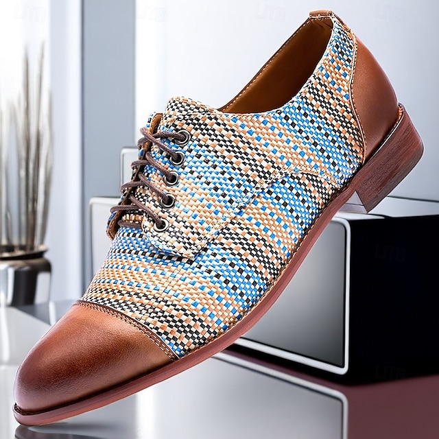  Men's Blue and Tan Woven Oxford Shoes – Retro Lace-Up Casual Shoes for Creative Professionals and Everyday Style