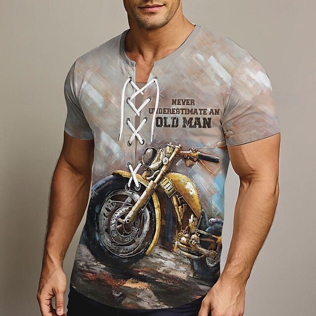 Men's Motorcycle T Shirt Short Sleeve T shirt 3D Print Crew Neck Lace Up Neck Shirt Retro Vintage Vintage Retro Street Casual Daily Gray Summer Spring Clothing Apparel S M L XL XXL XXXL4