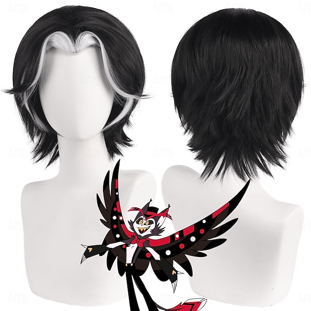  hazbin hotel parrucca sintetica hesco micro locs lisci parrucca asimmetrica con riga profonda 14 pollici a1 capelli sintetici da donna cool classico confortevole nero