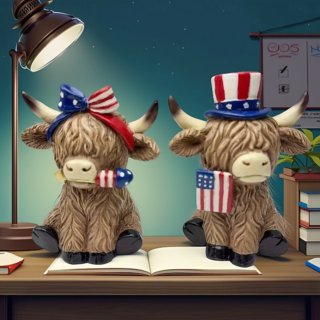  Décorations du 4 juillet, yaks patriotiques des Highlands pour la décoration intérieure, statue de jardin américaine, décorations de jardin extérieures, figurine de yak des Highlands étoiles et