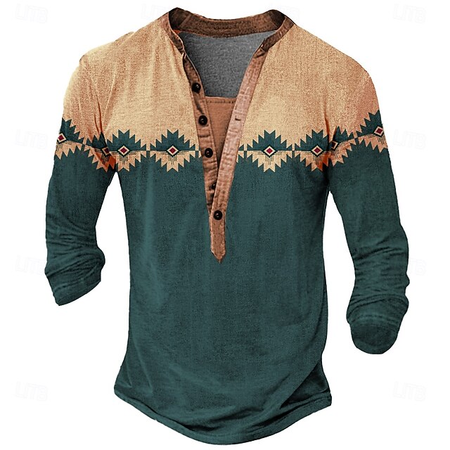 Men's Geometric Tribal T Shirt Henley Shirt Long Sleeve Designer Retro Vintage Bohemian Street Casual Daily Summer Spring Fall Black Green Henley Henley T-Shirt4