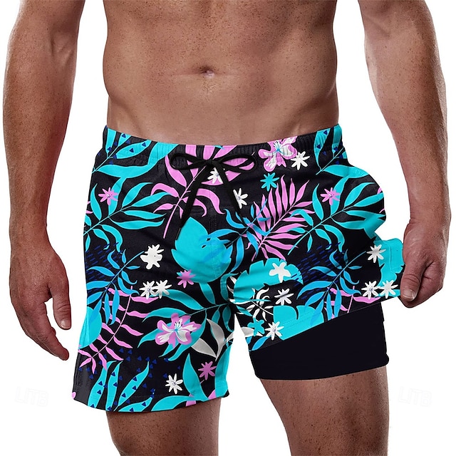  Men's Palm Leaf Tropical Plants Lined Shorts 2 in 1 Board Shorts Swim Shorts Mid Waist Hawaiian Vacation Beach Wear Side Pockets With Compression Liner Elastic Drawstring Waist Designer Clothing
