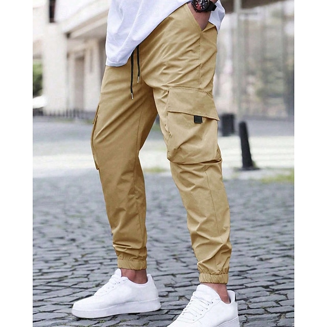  Homens Calças Cargo Calças Cintura elástica Bolso multi Tecido Secagem Rápida Vestível Comprimento total Diário Casual Preto Verde Claro