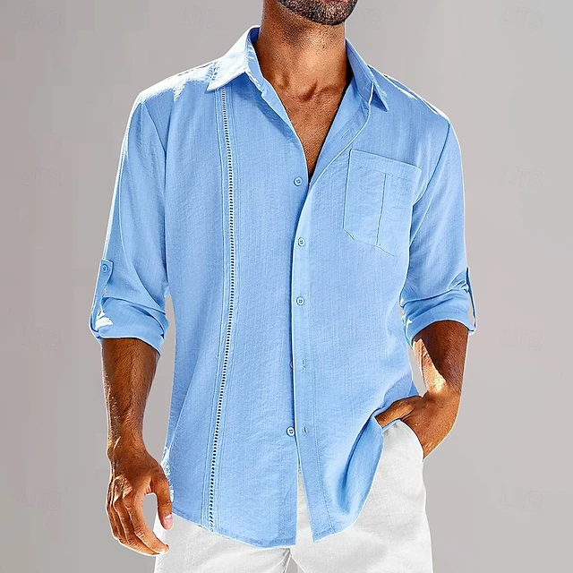 Men's Cotton Linen Shirt Plain Vacation Casual Black White Blue Long Sleeve Lapel Spring & Summer Clothing Apparel 7