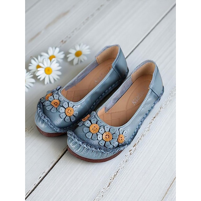  Premium leren damesschoenen met bloemen- en gerimpeld dessin – retro en comfortabele stijl voor wandelingen in de lentetuin, een weekendbrunch en dagelijkse boodschappen