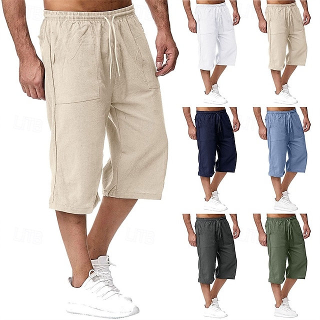  Homens Calças Capri Shorts de linho Shorts de verão Shorts de praia Bolsos Com Cordão Cintura elástica Tecido Conforto Respirável Comprimento da panturrilha Férias Feriado Praia Havaiana Boho Preto