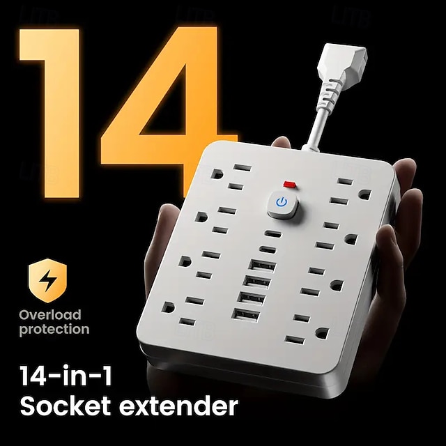  Prelungitor plat 14-in-1 cu 4 prize AC și 6 porturi USB (2 USB-C) – Protecție împotriva suprasarcinii și placă de expansiune a puterii