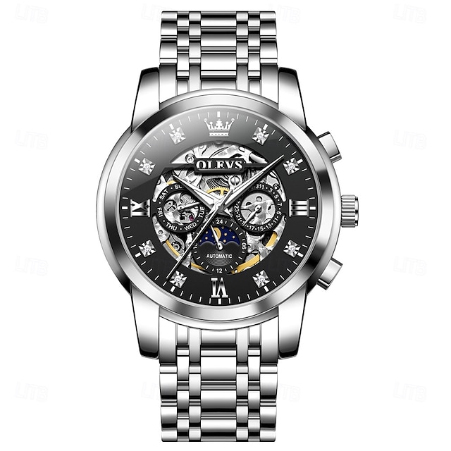  OLEVS メンズ機械式時計 ラグジュアリー 大ダイヤル ホロースケルトン 自動巻き 月相 輝光 スチール腕時計