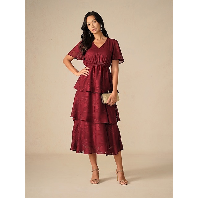  Damen Maxikleid A Linie Kleid Elegant Formell Flattrige Ärmel Hochzeitsgast Cocktailparty Normale Passform Einfach Kurzarm V Ausschnitt Wein Sommer