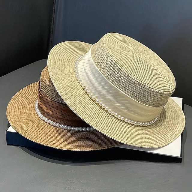  Elegant French Ladies Sun Hat  Natural Grass Weave Pearl Embellishment  Flat Top Design UV Protection Ideal for Beach and Outdoor Use Beach Hat