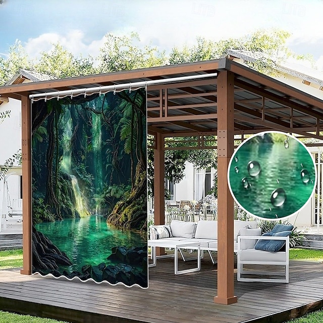  Vízálló Kültéri Függöny Magánélet Csúszó Terasz Függöny Drape Pergola Függöny Grommet 3D Tájkép Zöld Barlang A Pavilonhoz Erkélyhez Tornácra Bulira 1 Panel