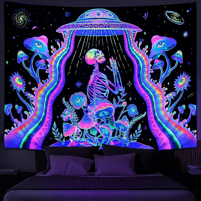 Fluorescent Tapestry Skull Mushroom Psychedelic Black Light Tapestry Dormitory Living Room Art Decoration Hanging Cloth4