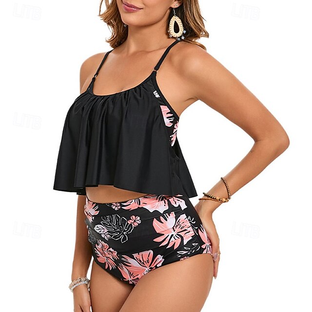  Femmes Tankini Maillot De Bain Deux Pièces Dos nageur Maillot de Bain Floral Maillots de Bain Noir Rose Claire Respirant Séchage Rapide Sans manches - Natation Surf Plongée en apnée Été