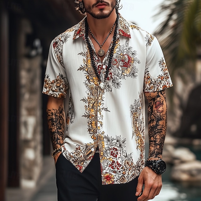  Herren Blumendruck Indianer Boho Hemd Sommer Hawaiihemd Knopfhemd Kurzarm Hawaiianisch Urlaub Ferien Strandbekleidung Sommer Frühling Umlegekragen 3D-Druck Hemden mit Kragen Weiß