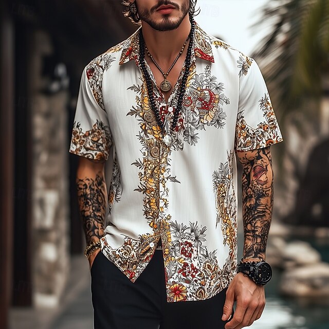 Men's Floral Print Indian Boho Shirt Summer Hawaiian Shirt Button Up Shirt Short Sleeve Hawaiian Vacation Holiday Beach Wear Summer Spring Turndown 3D Print Collared Shirts White4