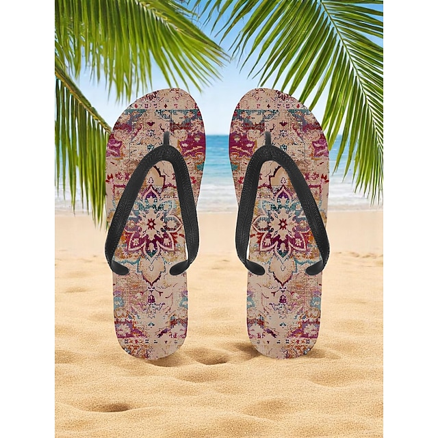  Flip-Flops für Damen mit Blumenmuster, weicher Gummisohle und schwarzen Riemen, leichte Strandsandalen für den Sommerurlaub, den Pool und den Alltag